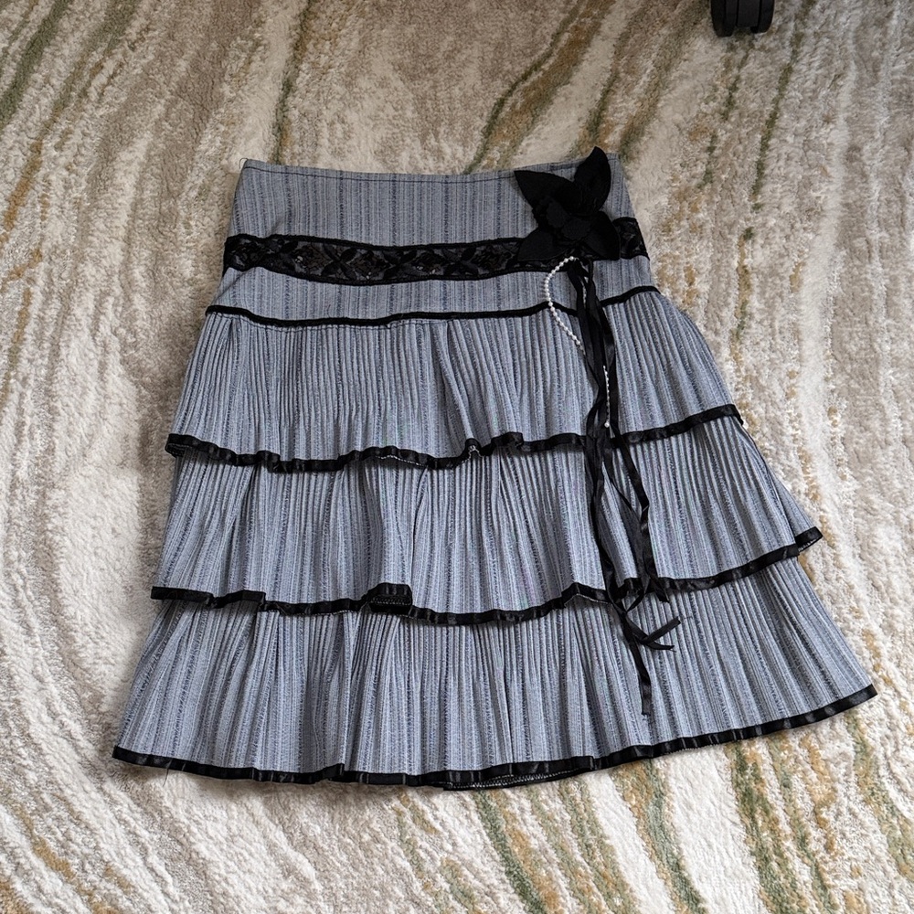 Tiered Ruffle Skirt with Lace Trim - Black and Light Gray